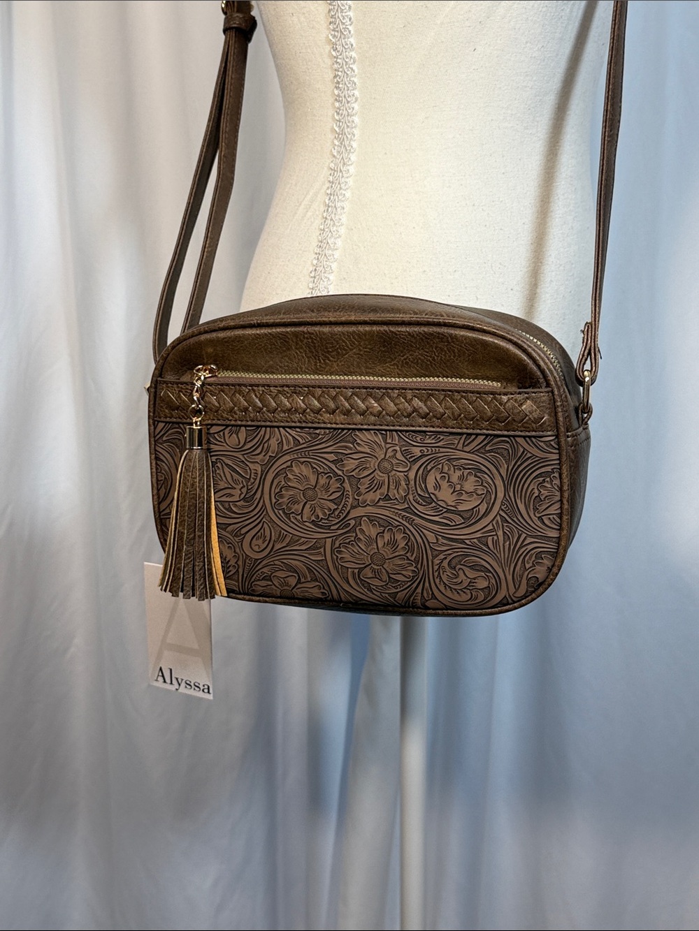 Alyssa Brown Floral Embossed Crossbody with Tassel